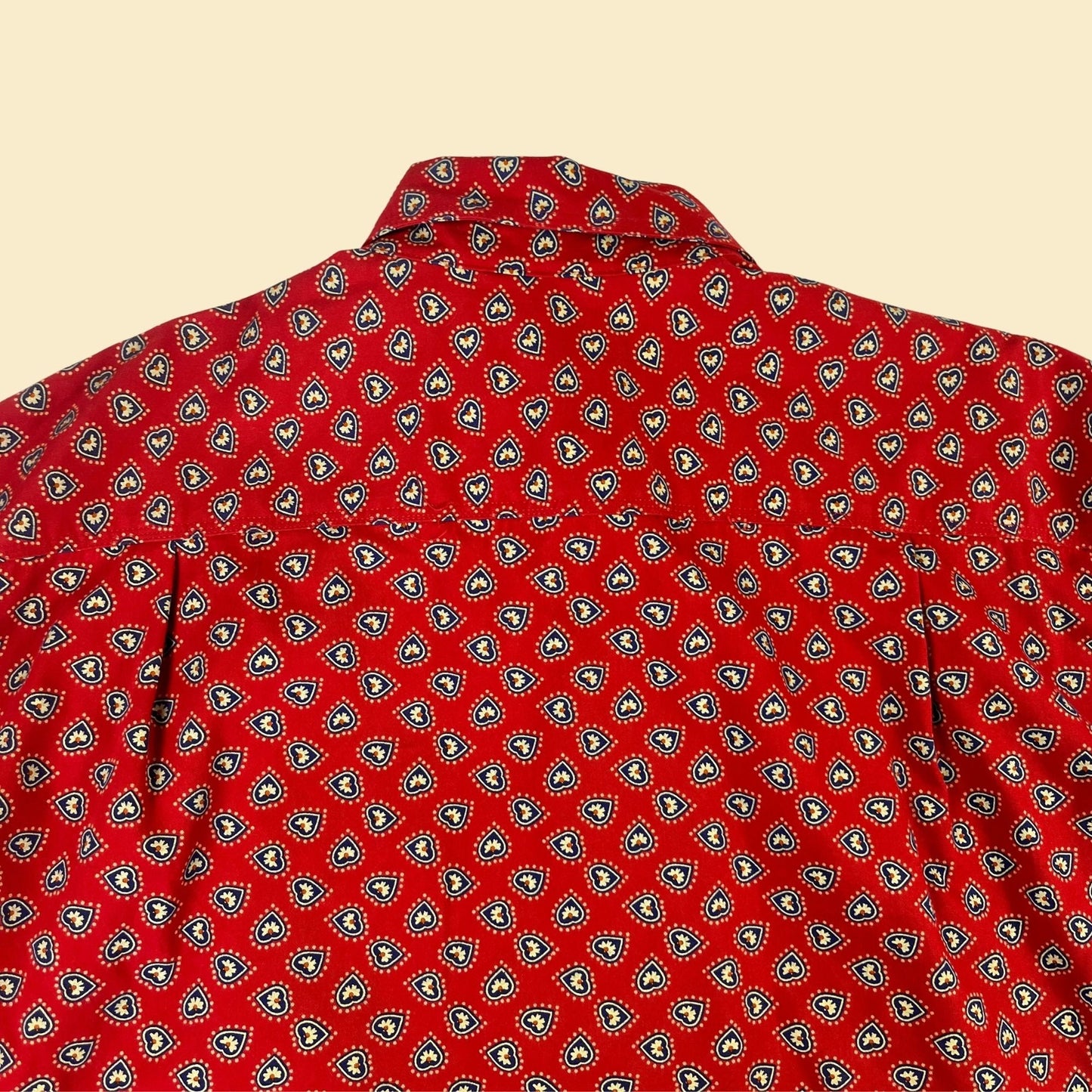 Red 90s geometric snap clasp shirt by Westbound, size L vintage 1990s abstract heart patterned long sleeve cotton button down