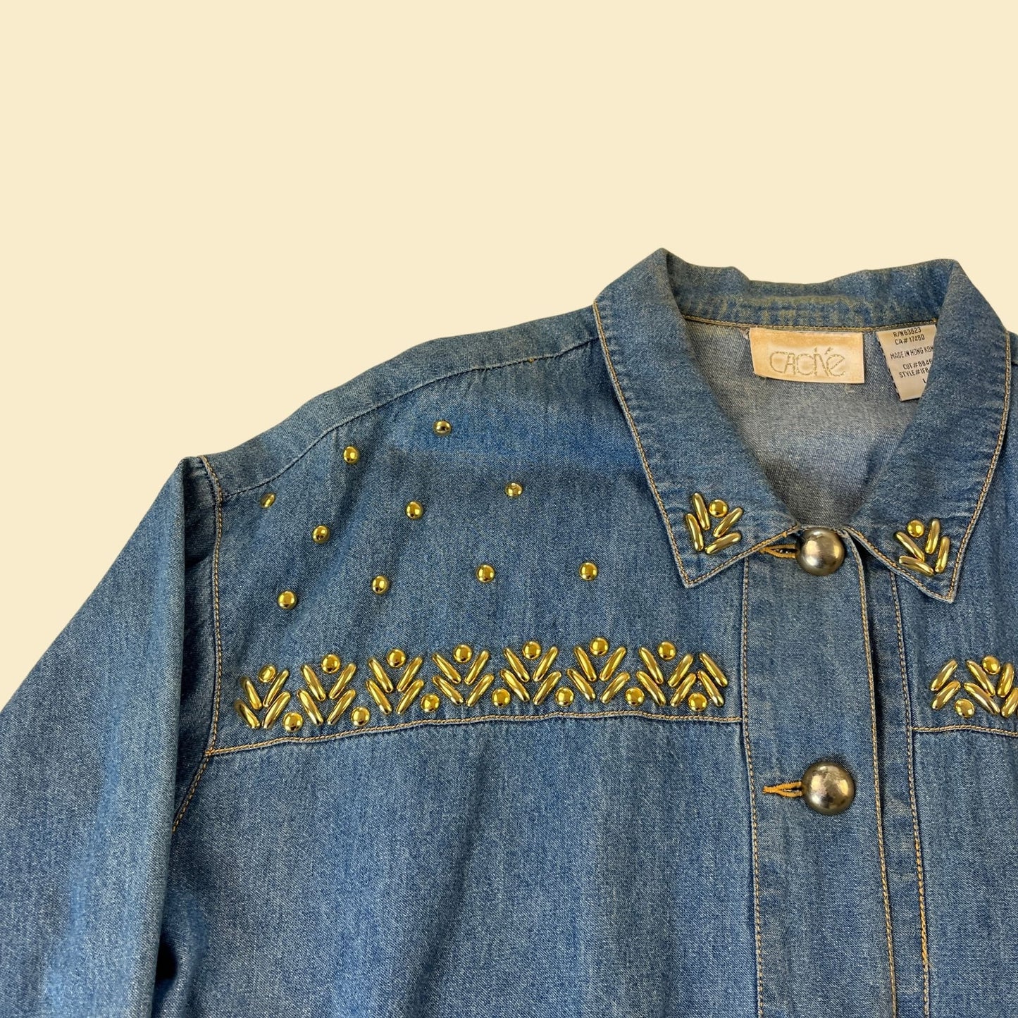 80s Caché denim / chambray button down shirt, size L vintage 1980s funky button down with gold embellishments