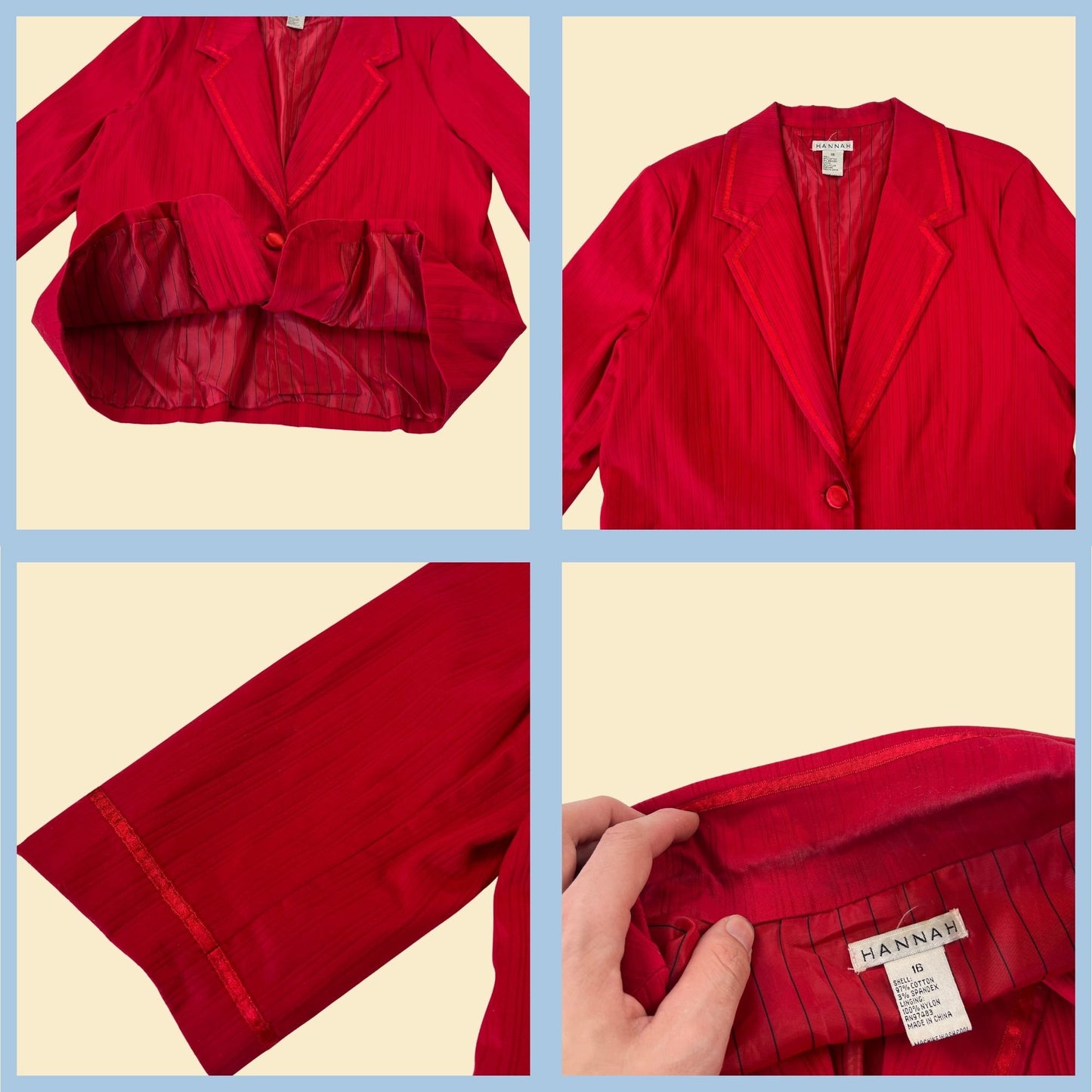 Solid red 90s blazer by Hannah, size 16 vintage 1990s jacket with 3/4 sleeves and front pockets