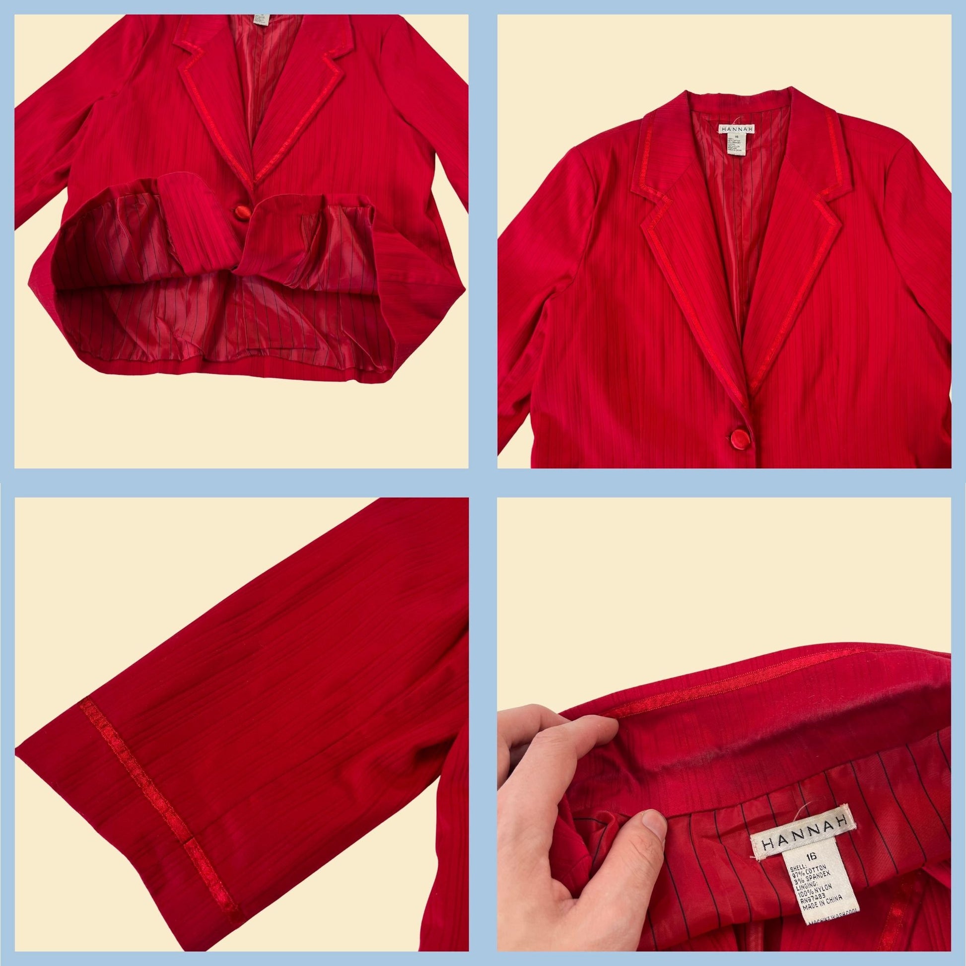 Solid red 90s blazer by Hannah, size 16 vintage 1990s jacket with 3/4 sleeves and front pockets