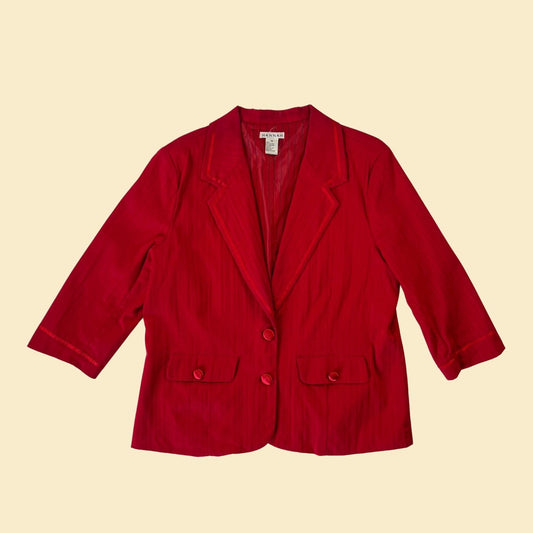 Solid red 90s blazer by Hannah, size 16 vintage 1990s jacket with 3/4 sleeves and front pockets