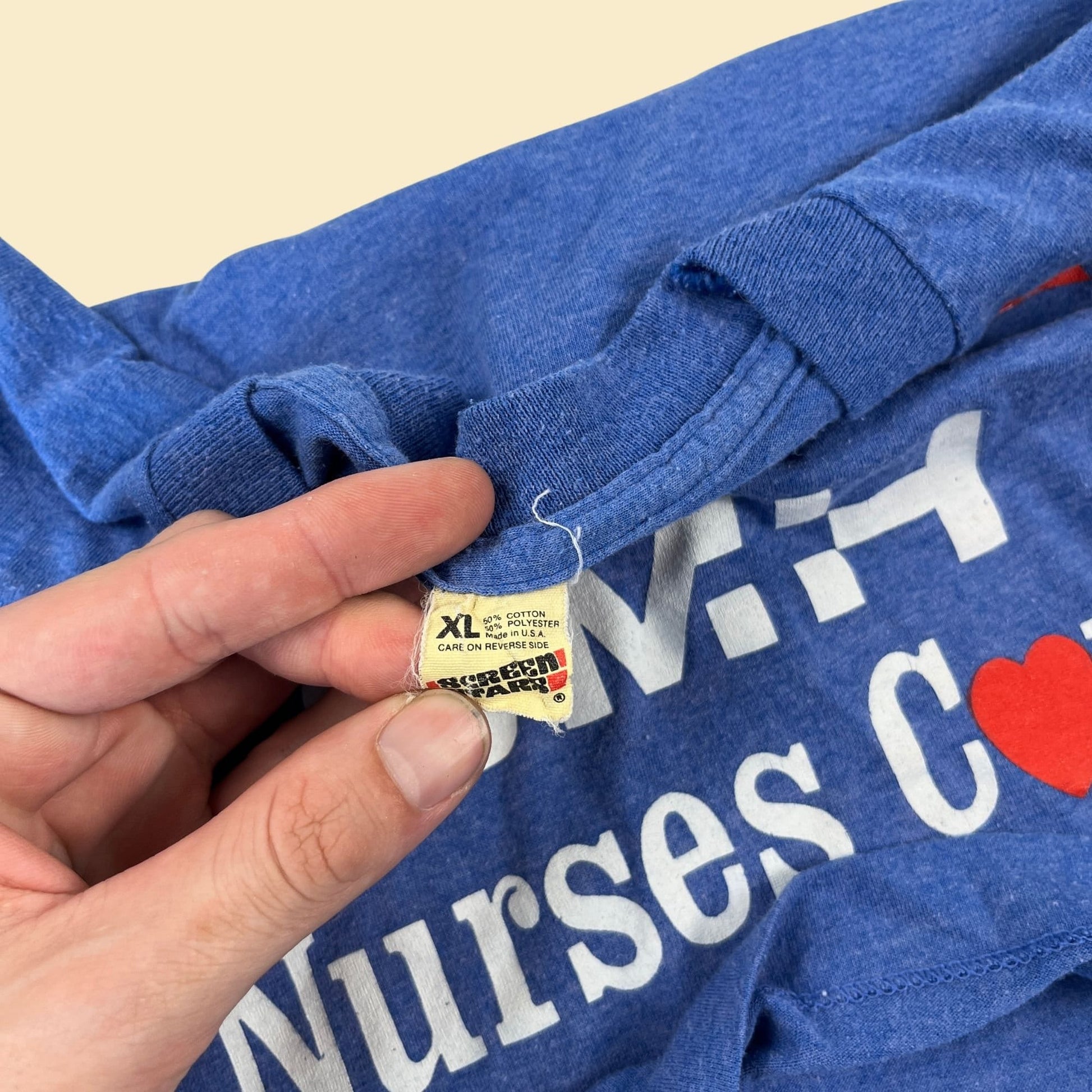 1991 SMH Nurses Care tee shirt by Screen Stars, vintage red white & blue nurse t shirt