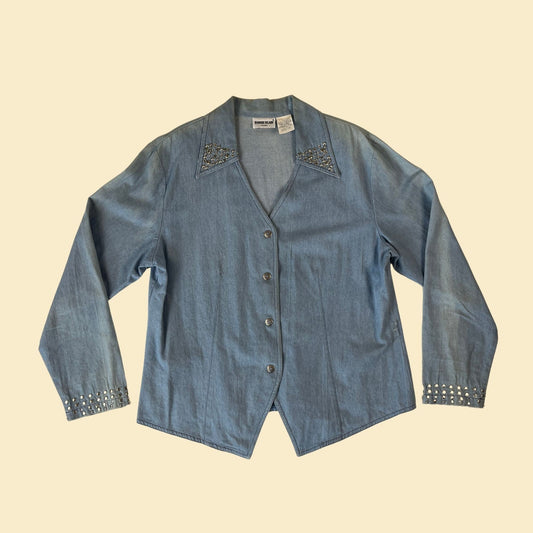 Vintage 80s denim jacket by Bonnie Blane, rhinestone / bedazzled chambray long sleeve button down