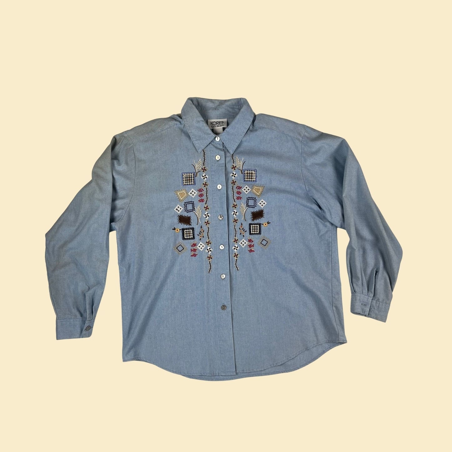 90s embroidered denim shirt, size L vintage Koret City Blues women's button down chambray blouse