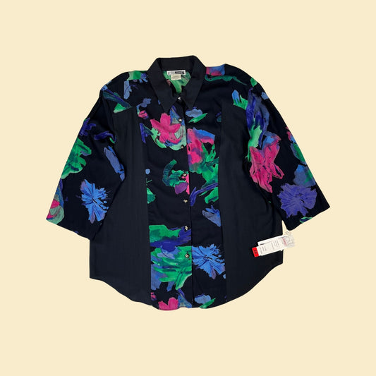 90s black floral shirt, size 2X vintage 3/4 sleeve women's button down blouse with neon-toned pink & blue flowers