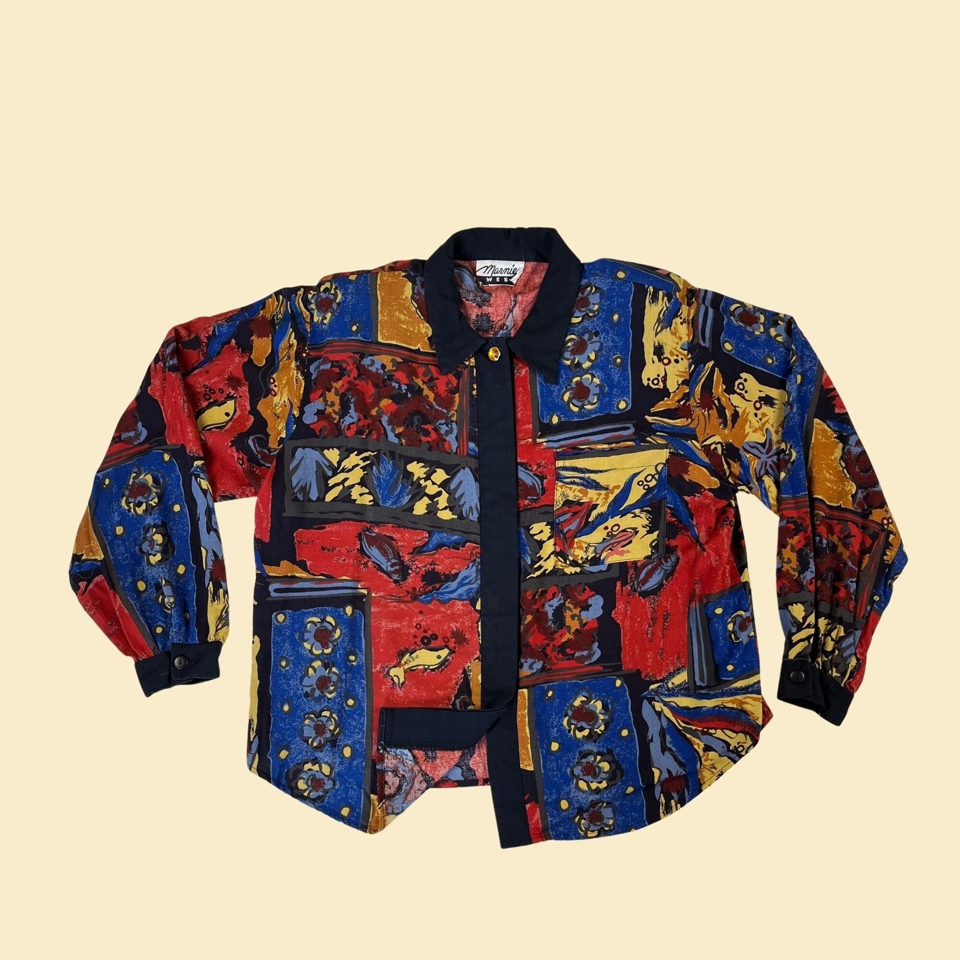 80s abstract blouse by Marnie West, vintage red, blue & yellow size L women's button down shirt w/ shoulder pads