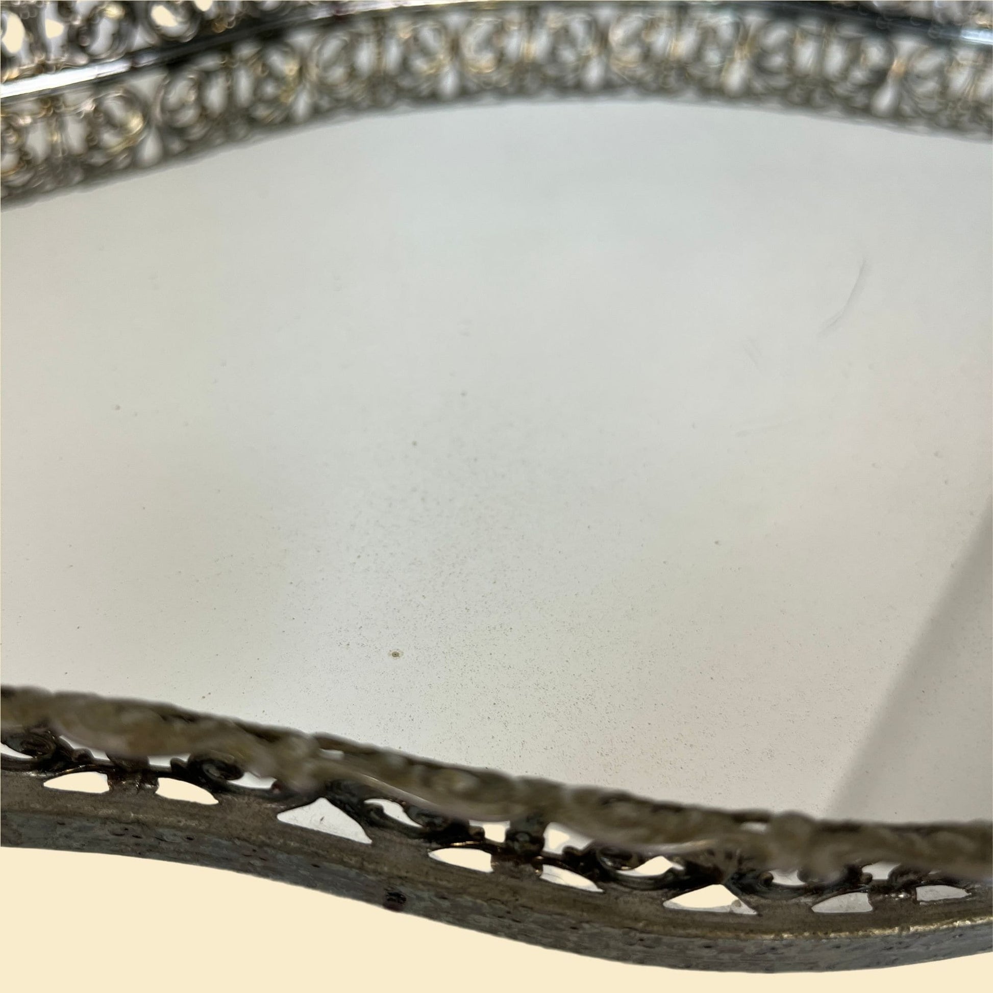 Ornate vanity tray mirror w/ silver filagree border, vintage 1970s tabletop vanity mirror with floral metal border