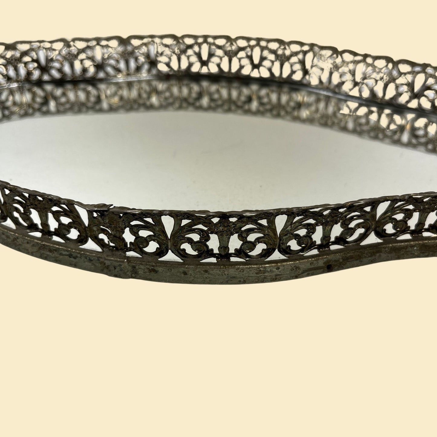 Ornate vanity tray mirror w/ silver filagree border, vintage 1970s tabletop vanity mirror with floral metal border