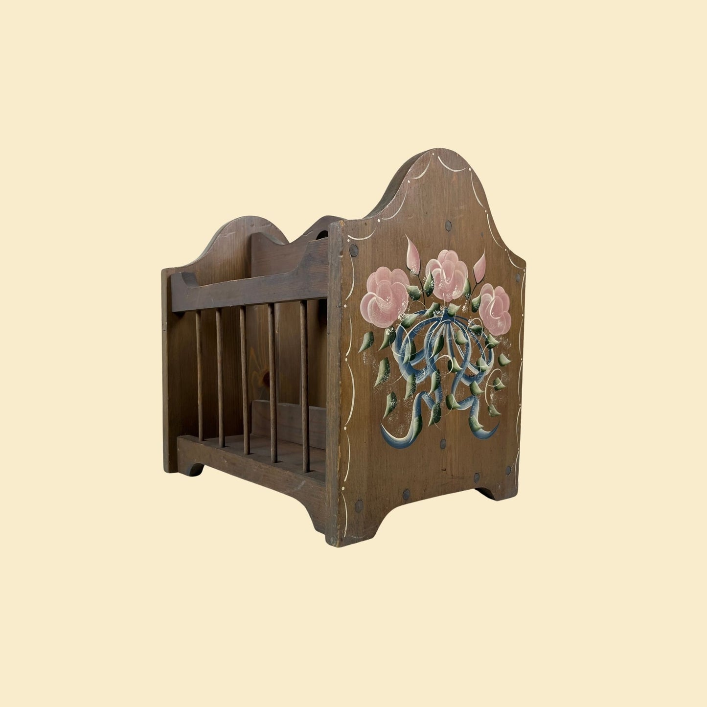 Vintage tole painted wooden magazine rack, c. 1930s-1950s floral magazine organizer