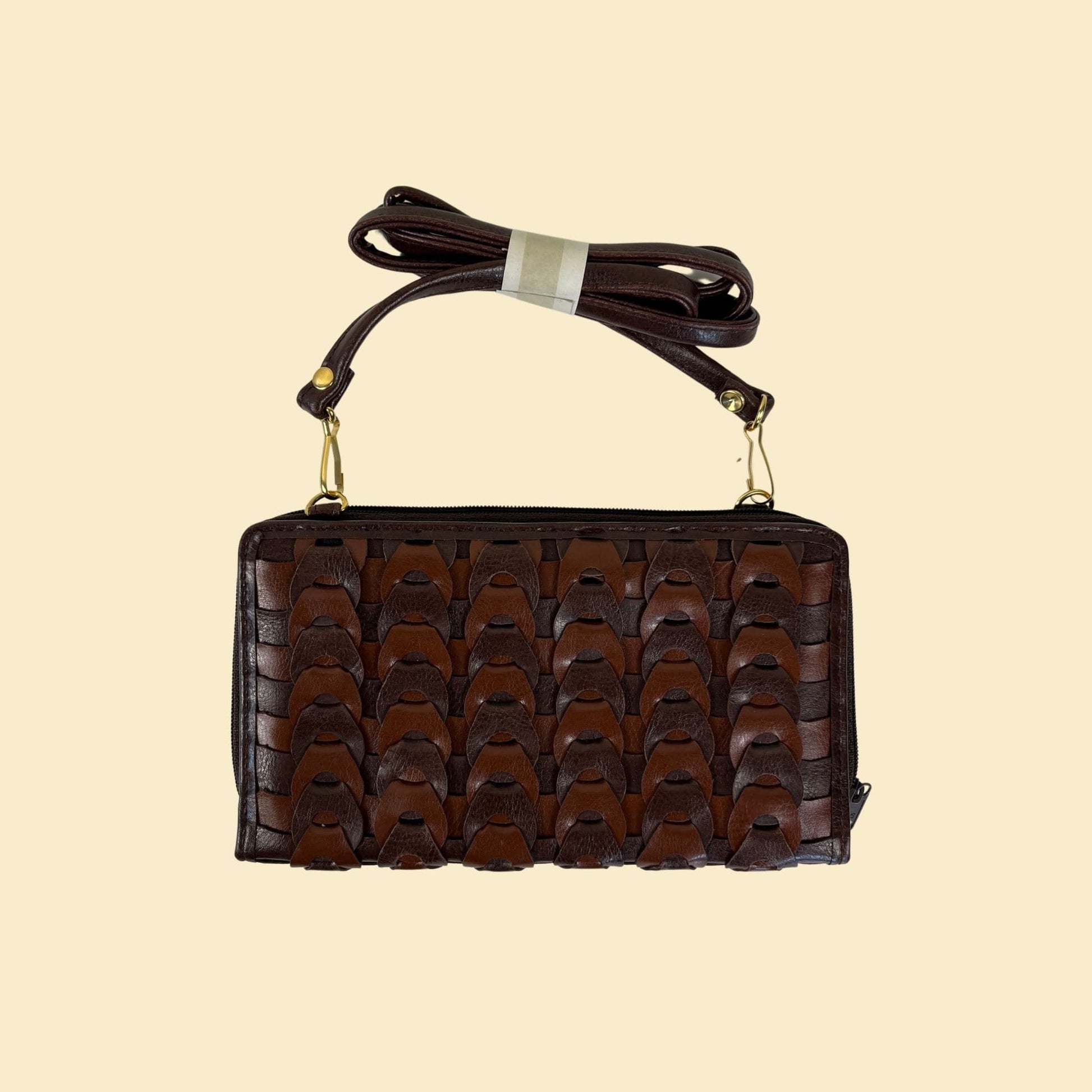 90s basketweave leather clutch / shoulder bag by Handbags Monique, vintage 1990s brown faux-leather wallet