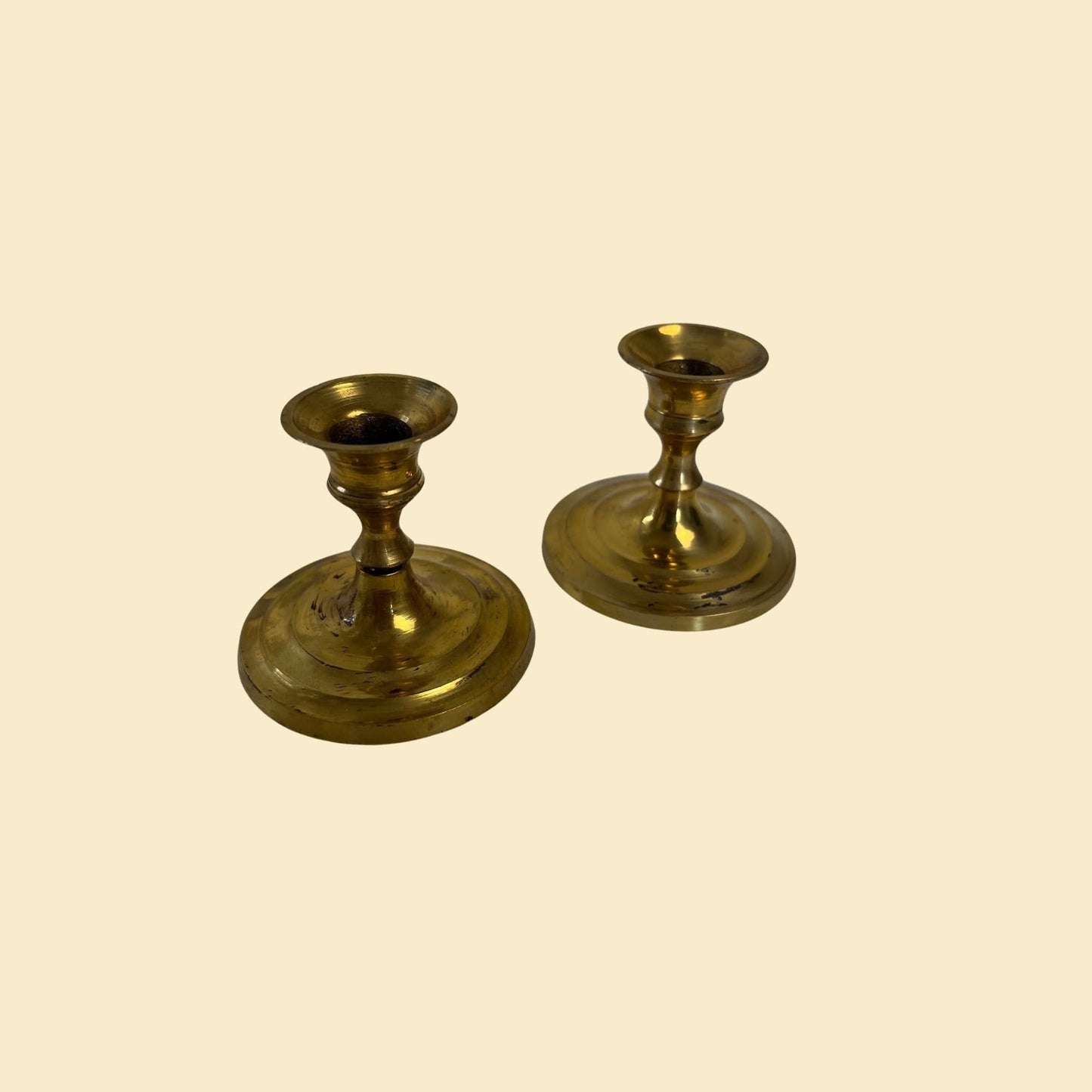 1980s brass candlestick holders, vintage set of 2 small solid brass taper candle holders