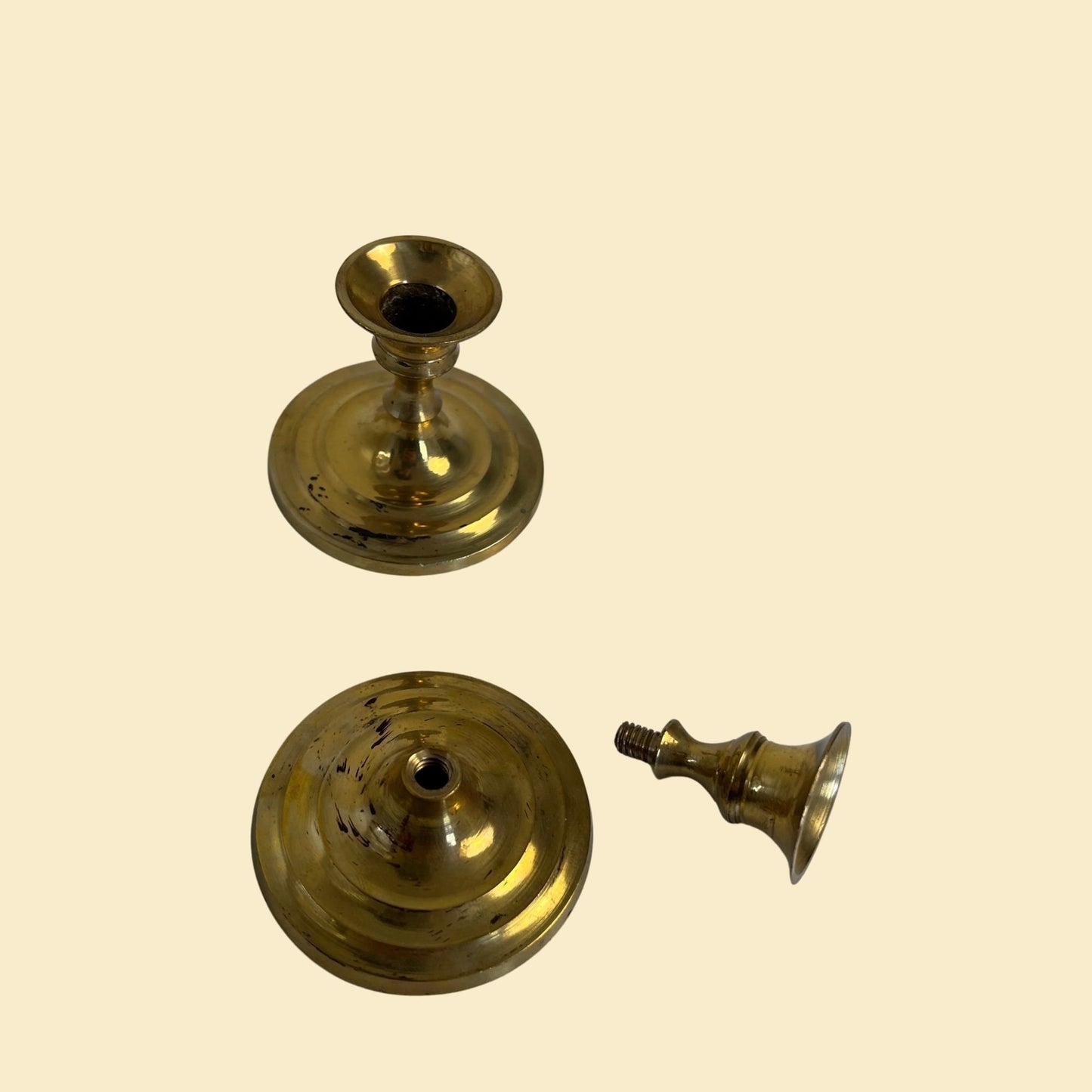 1980s brass candlestick holders, vintage set of 2 small solid brass taper candle holders