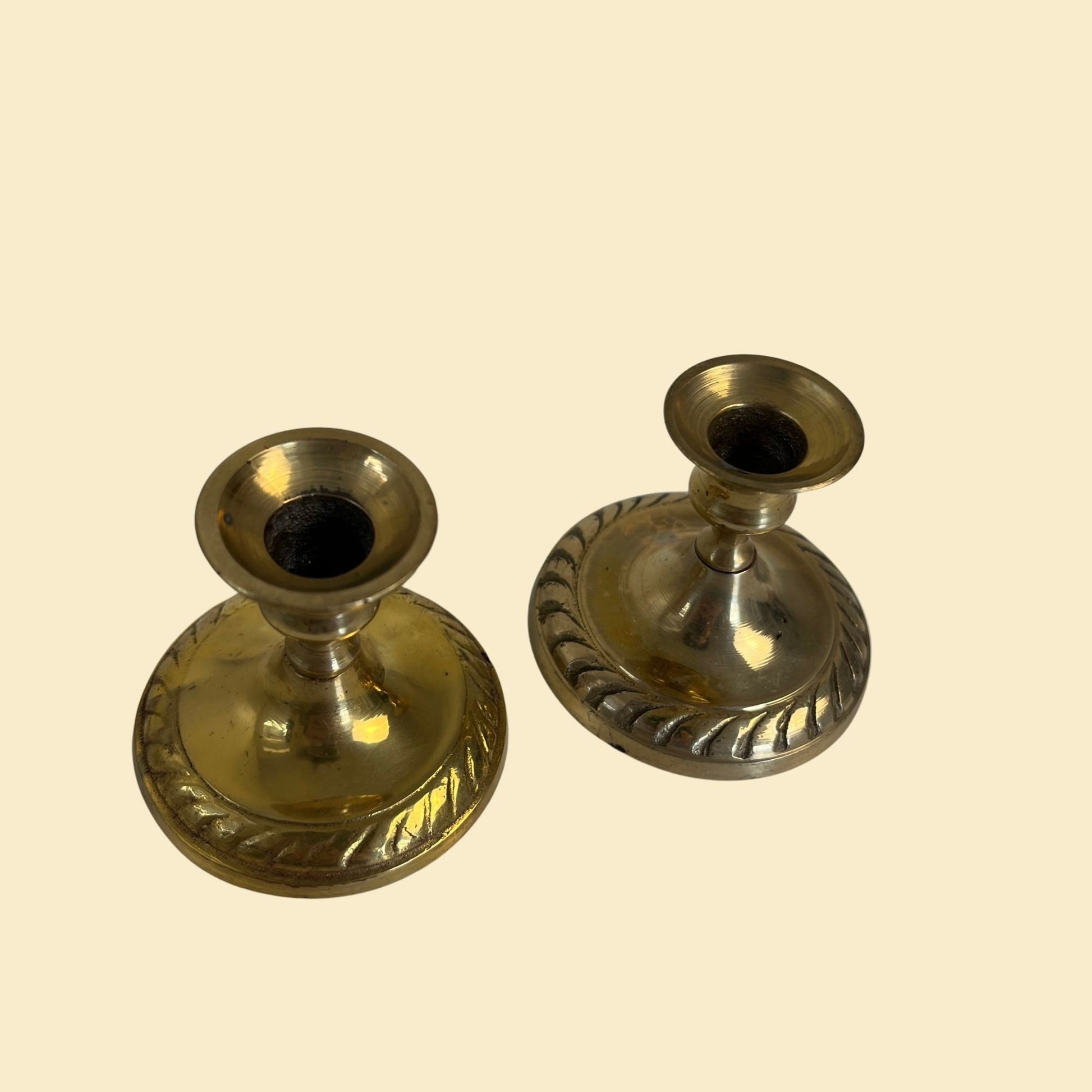 Vintage 1980s brass candlestick holders, set of 2 small solid brass taper candle holders