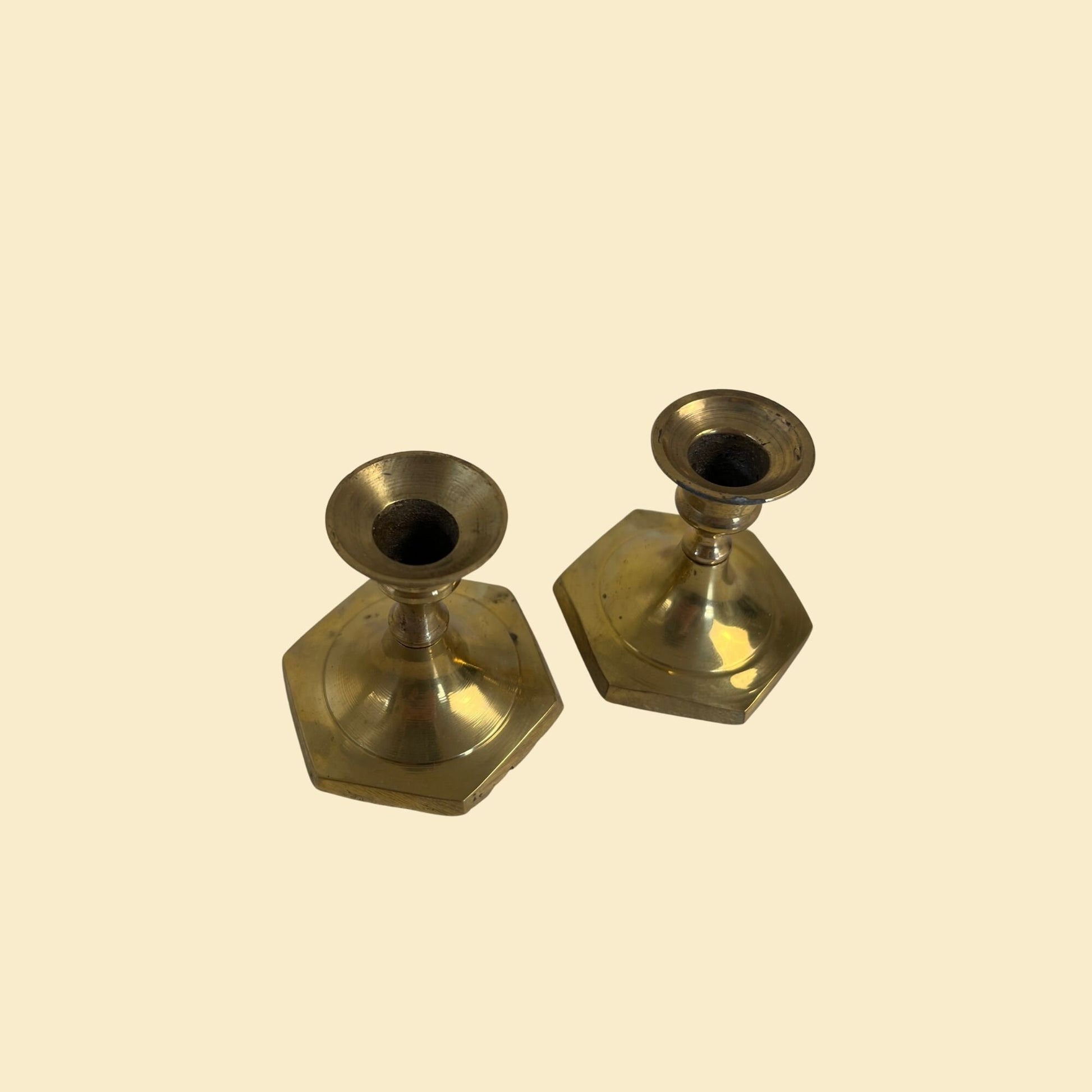 80s brass candlestick holders, set of 2 small vintage 1980s solid brass taper candle holders