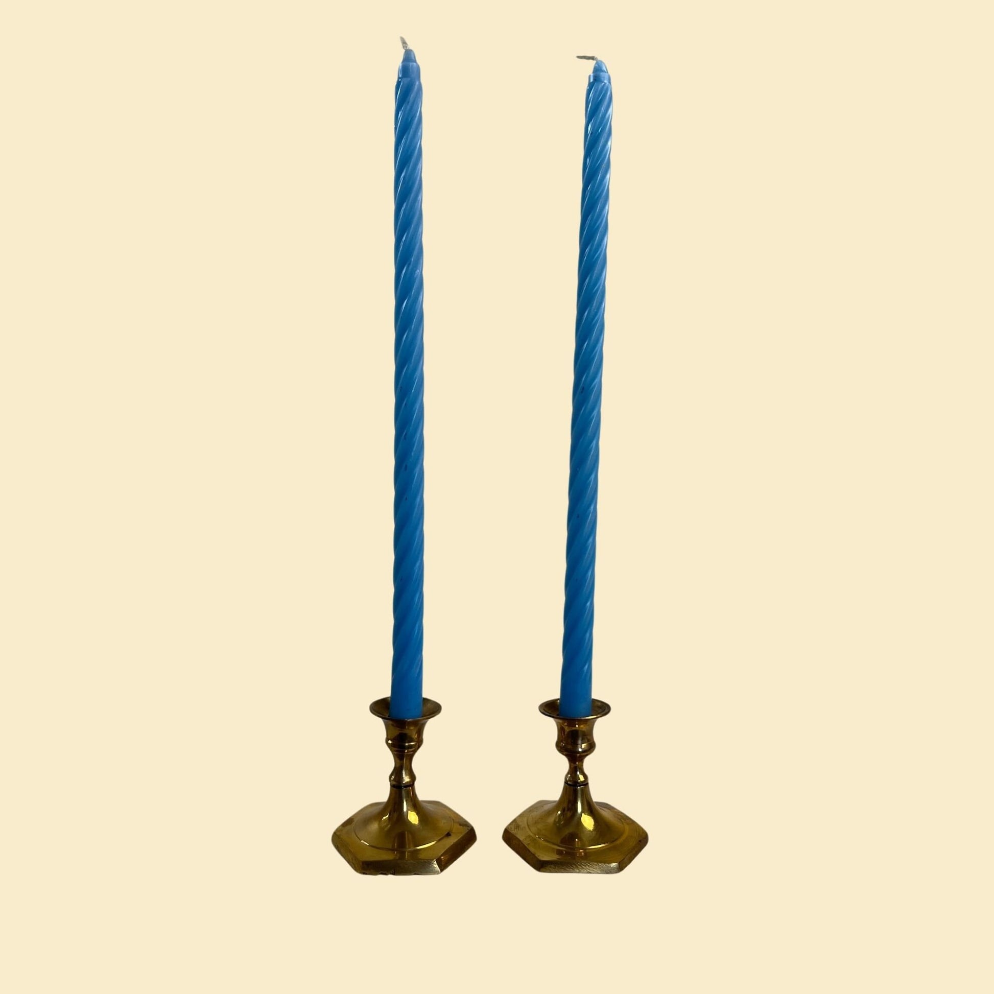 80s brass candlestick holders, set of 2 small vintage 1980s solid brass taper candle holders