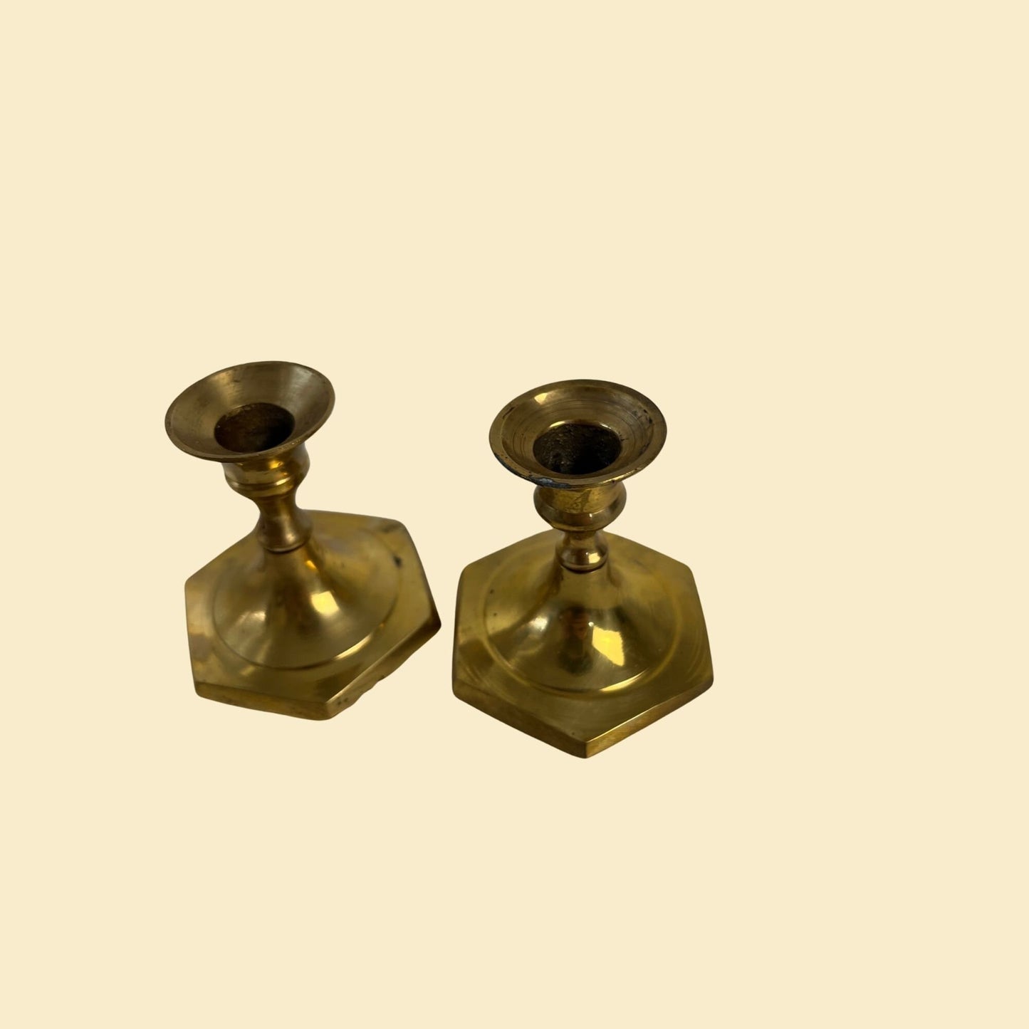 80s brass candlestick holders, set of 2 small vintage 1980s solid brass taper candle holders