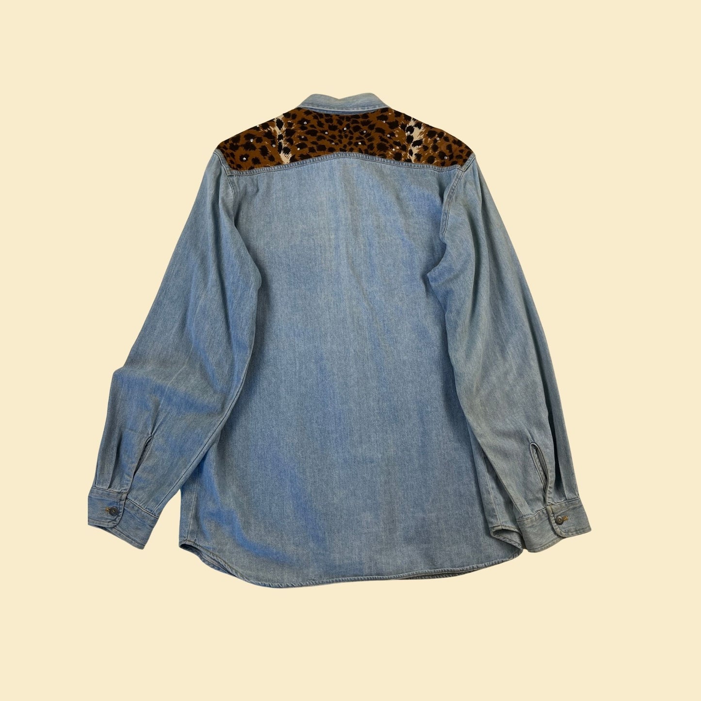 1980s animal print denim shirt, size L vintage women's long sleeve cotton button down w/ suede patches & rhinestones