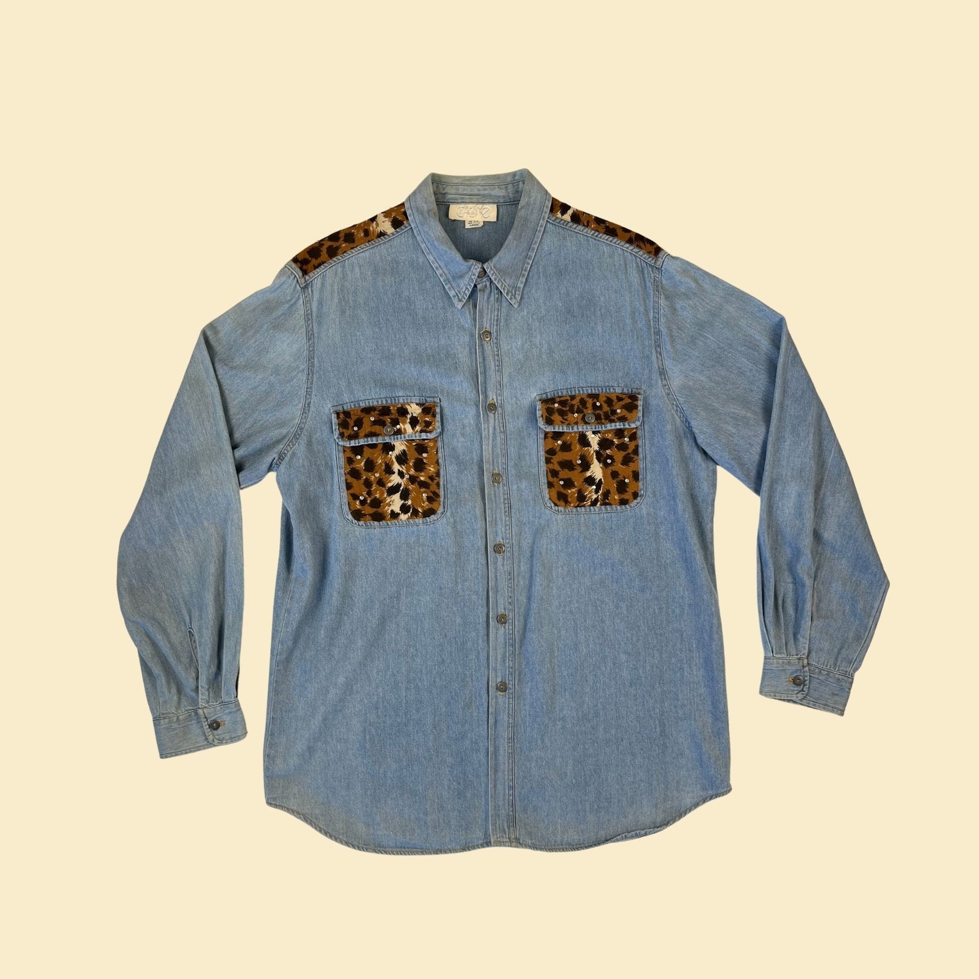 1980s animal print denim shirt, size L vintage women's long sleeve cotton button down w/ suede patches & rhinestones