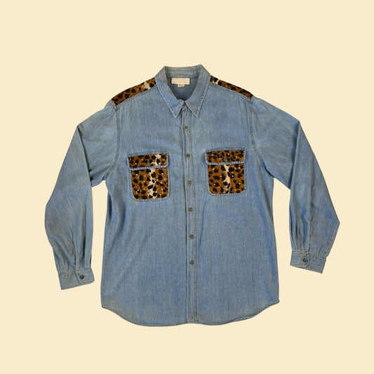 1980s animal print denim shirt, size L vintage women's long sleeve cotton button down w/ suede patches & rhinestones