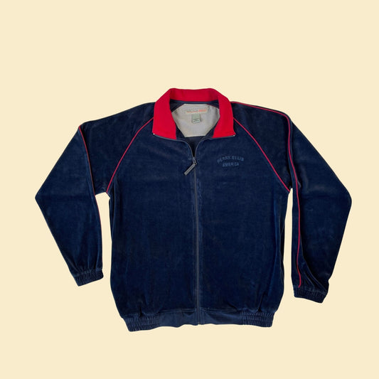 1990s blue velour jacket, vintage size L Perry Ellis America blue & red zip up trainer