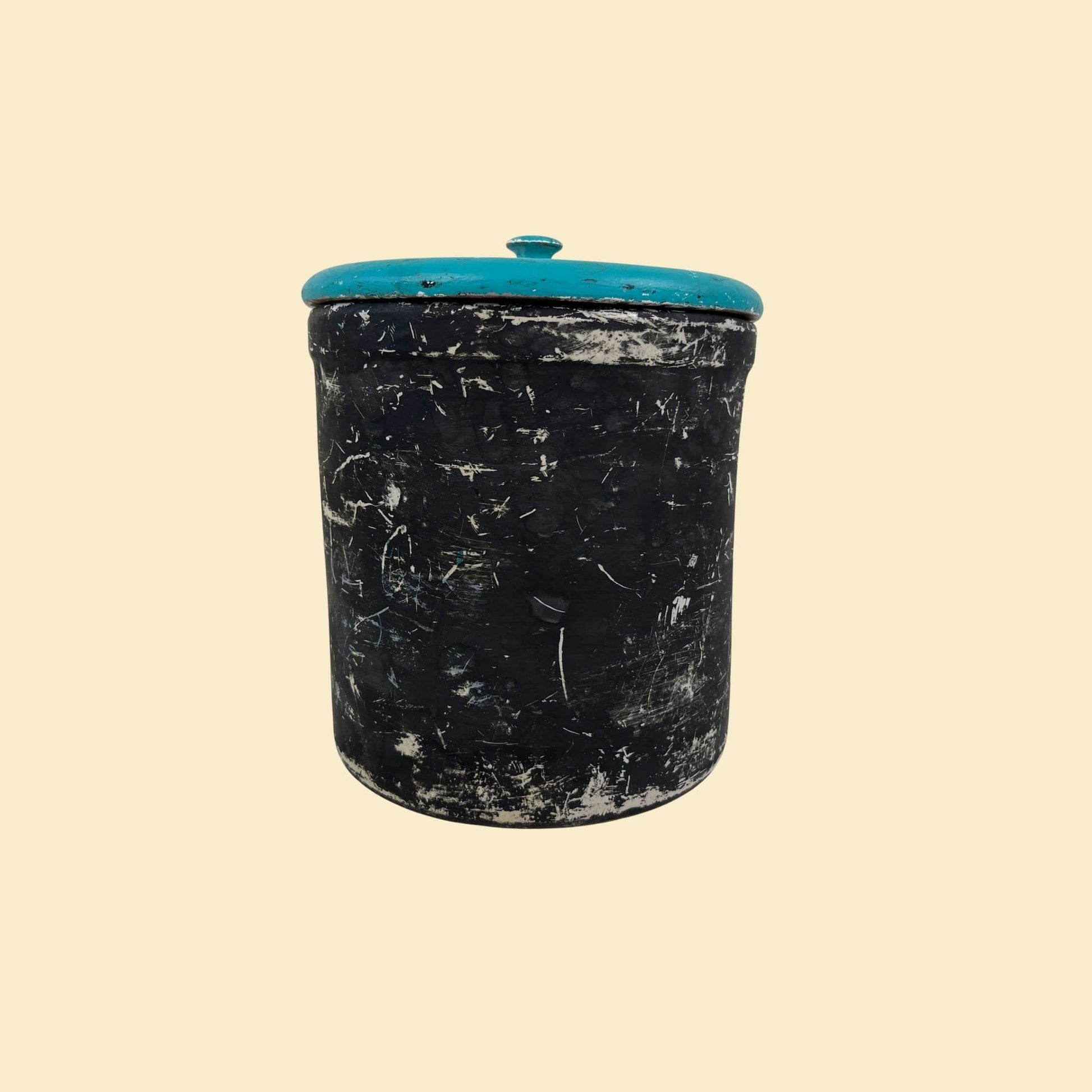 Vintage 50s ceramic bucket with lid, 1950s black ceramic bucket / basket with teal blue lid