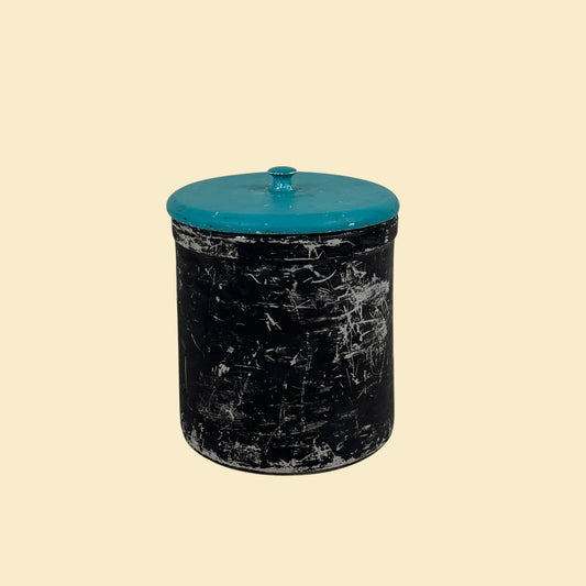 Vintage 50s ceramic bucket with lid, 1950s black ceramic bucket / basket with teal blue lid