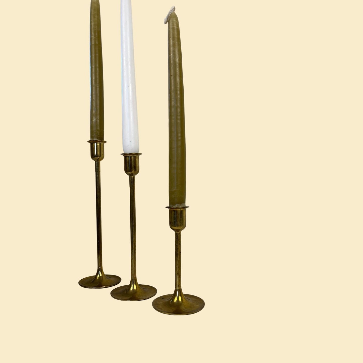 Set of 3 vintage brass candlestick holders, 1980s solid brass taper candle holders