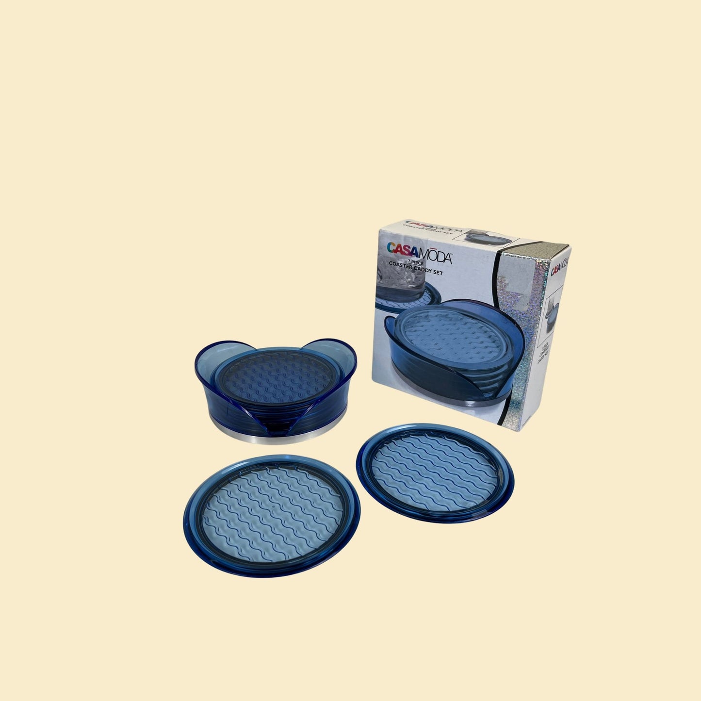 2000s coaster caddy set, set of 6 blue circular coasters, Y2K acrylic coasters