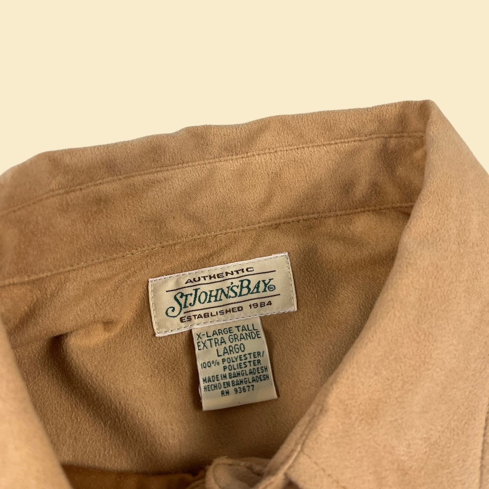 90s brown XL women's faux-suede/velour shirt, vintage 1990s XLT tan long sleeve polyester button down