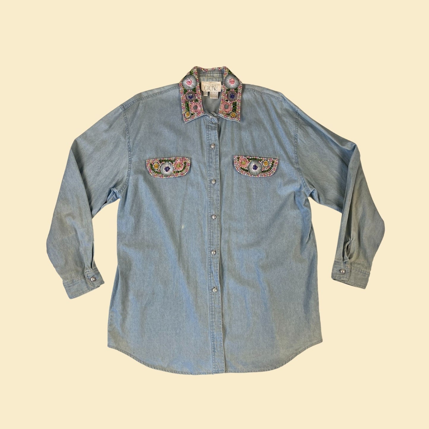 80s beaded chambray shirt, vintage women's size M chambray sequin floral button down blouse