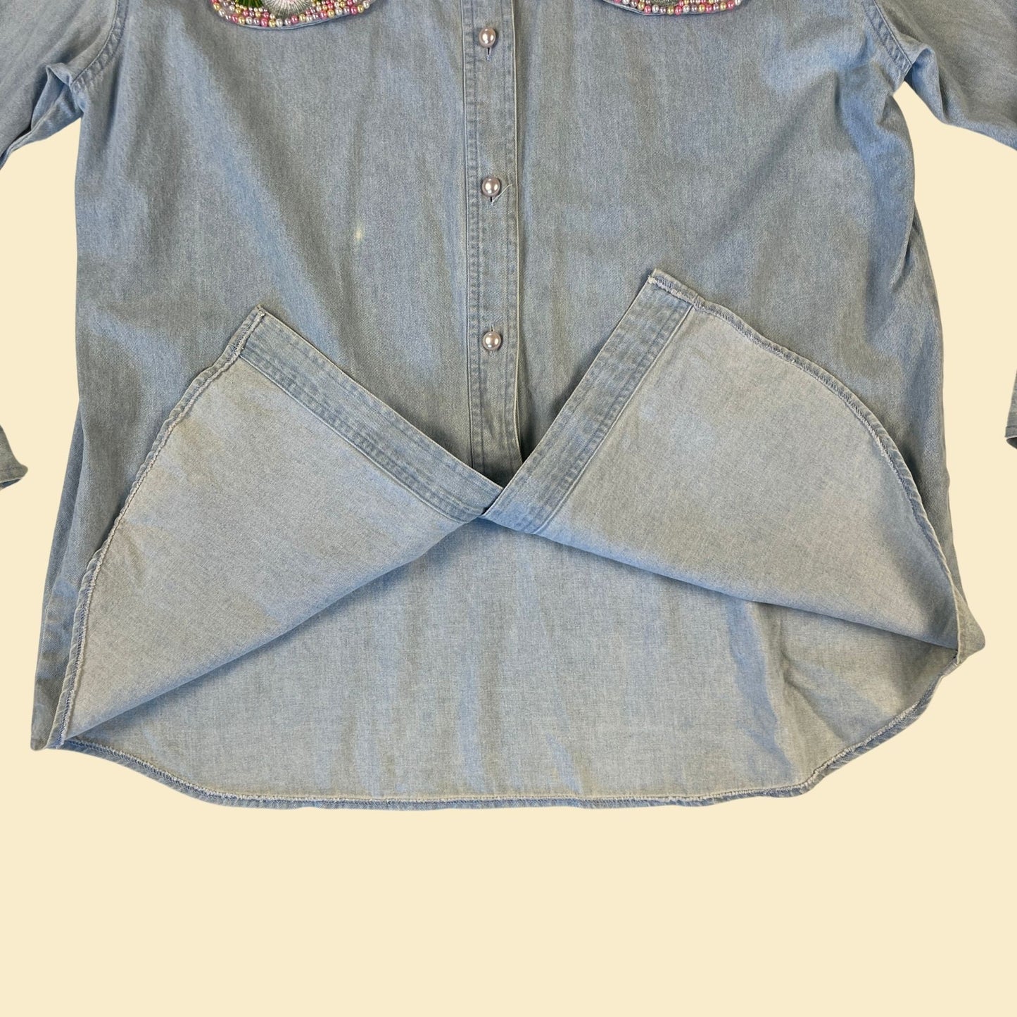 80s beaded chambray shirt, vintage women's size M chambray sequin floral button down blouse