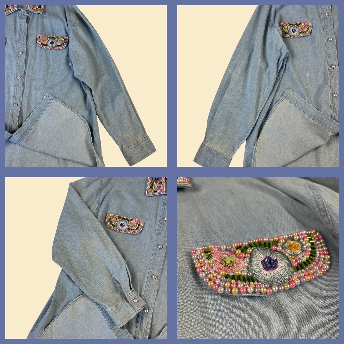 80s beaded chambray shirt, vintage women's size M chambray sequin floral button down blouse