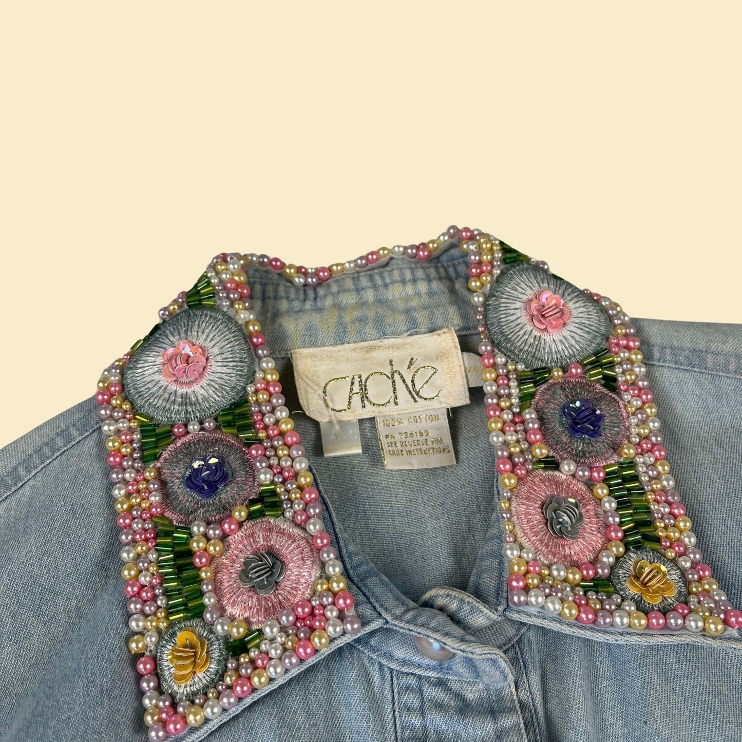 80s beaded chambray shirt, vintage women's size M chambray sequin floral button down blouse