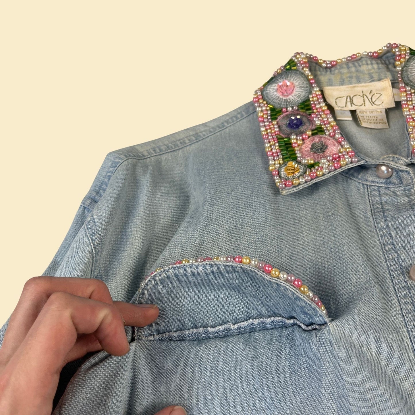 80s beaded chambray shirt, vintage women's size M chambray sequin floral button down blouse