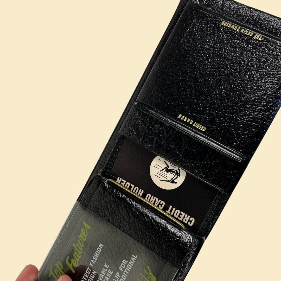 1960s black leather wallet, vintage men's bifold leather cash & card wallet by Billpak, new old stock