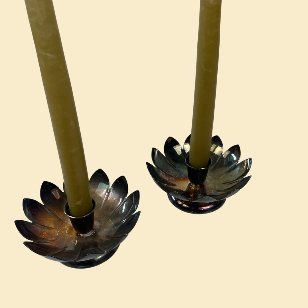 Set of 2 flower shaped candle holders, vintage 1970s Reed & Barton silver plated tulip taper candlestick holders