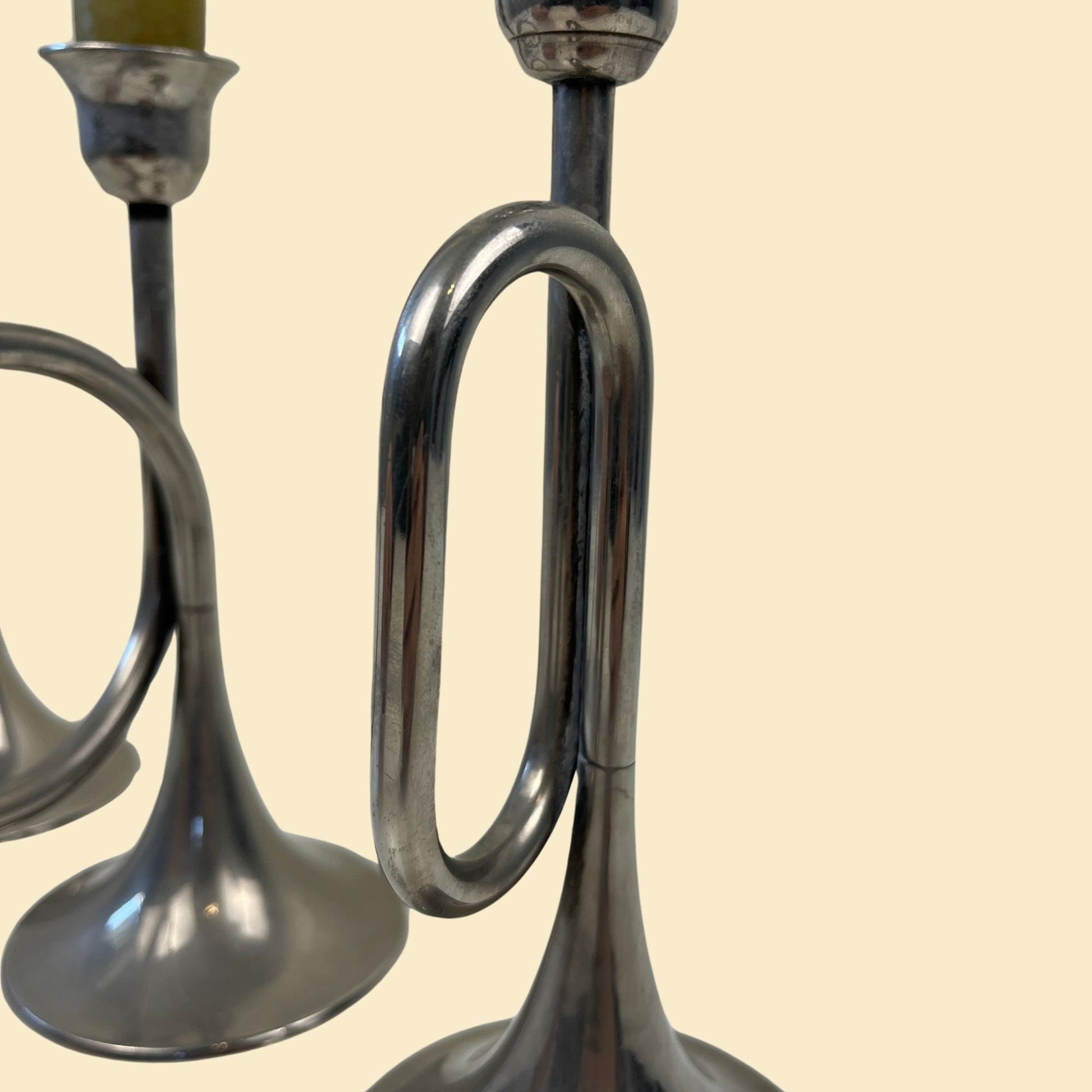 Set of 1980s instrument candlestick holders, vintage silver plated trumpet and bugle taper candle holders