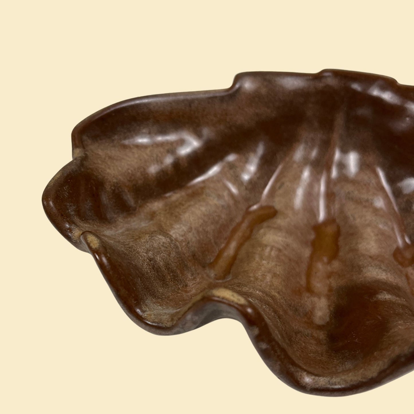 1960s Frankoma scallop dish, vintage brown ceramic shell shaped bowl