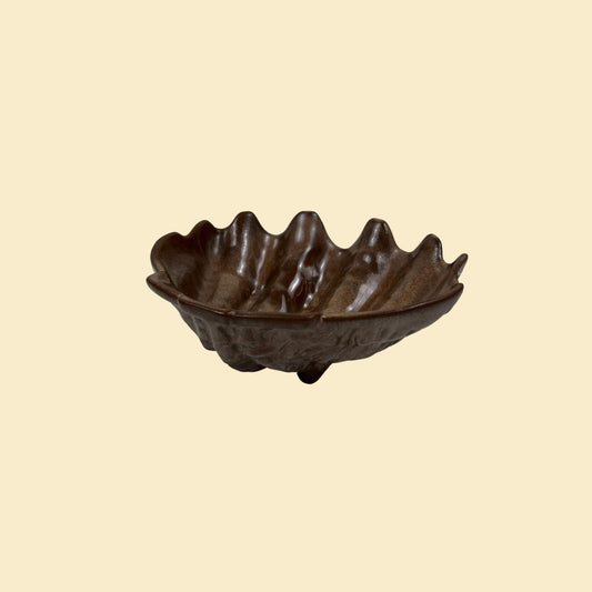 1960s Frankoma scallop dish, vintage brown ceramic shell shaped bowl