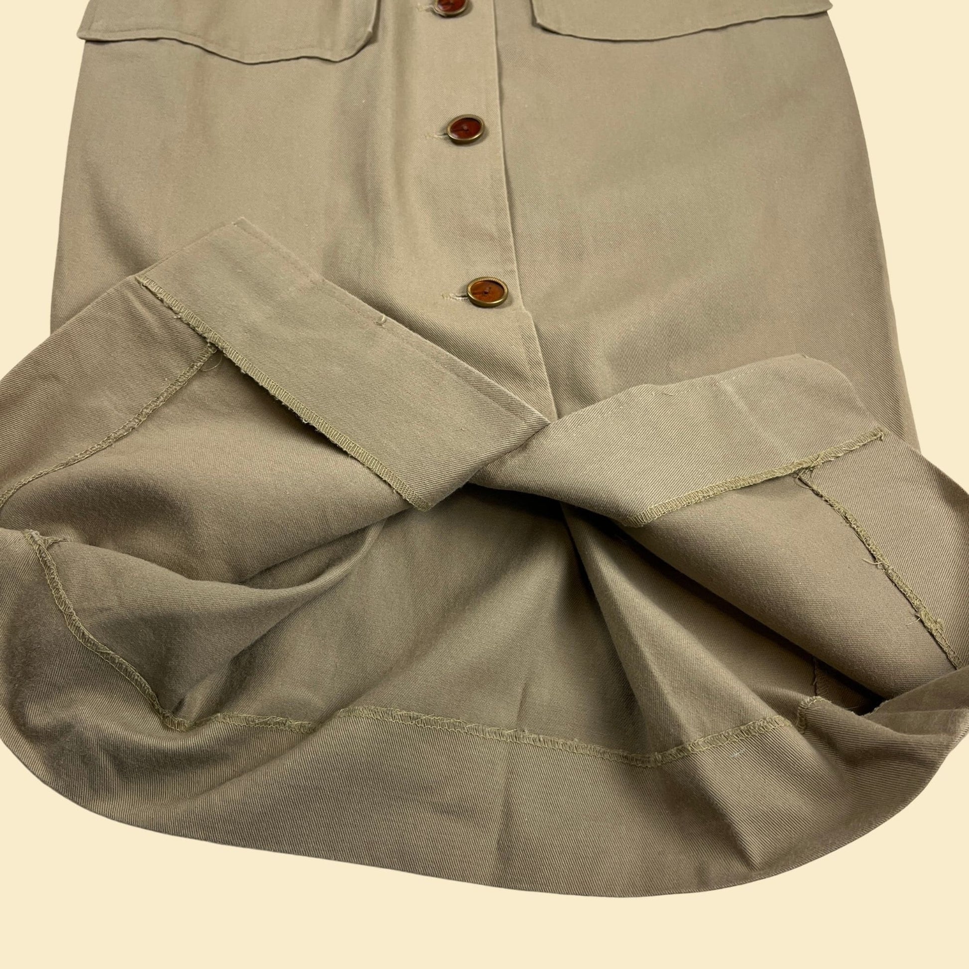 1970s khaki shirt dress by Et Al, vintage tan button down belted short-sleeve below-the-knee dress