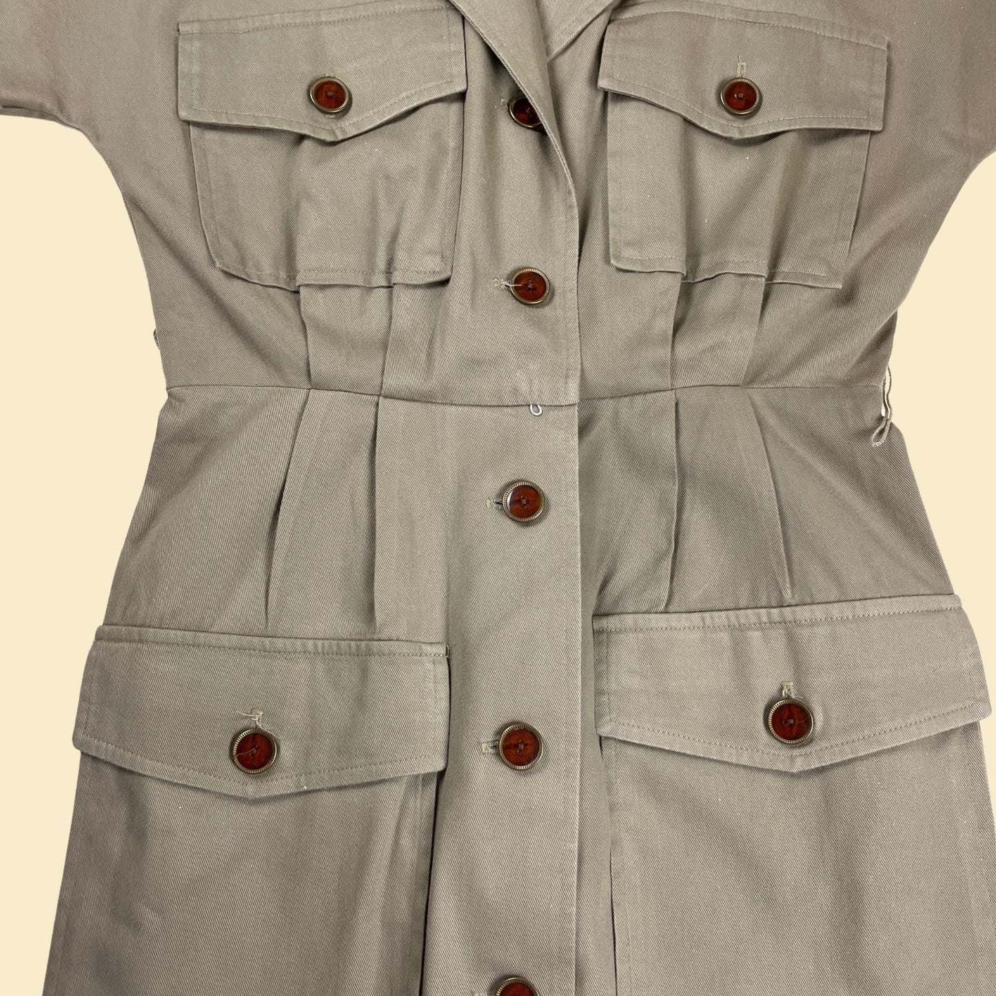 1970s khaki shirt dress by Et Al, vintage tan button down belted short-sleeve below-the-knee dress