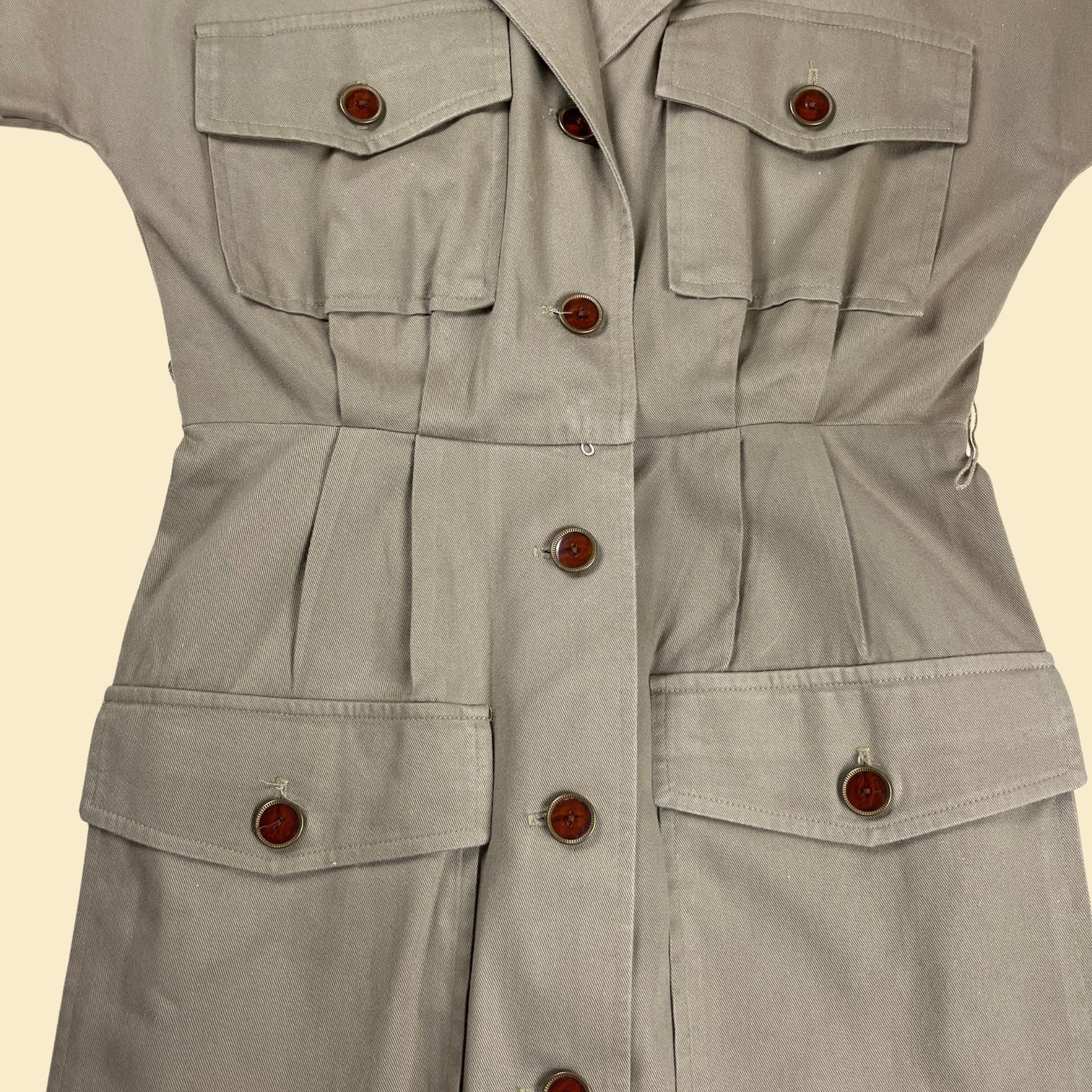 1970s khaki shirt dress by Et Al, vintage tan button down belted short-sleeve below-the-knee dress