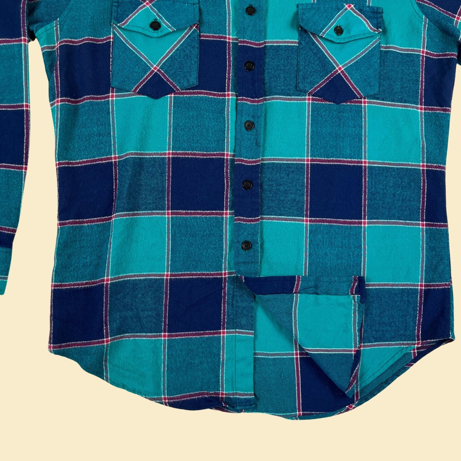 80s/90s teal flannel shirt, size M Aka Bay plaid acrylic men's button down top