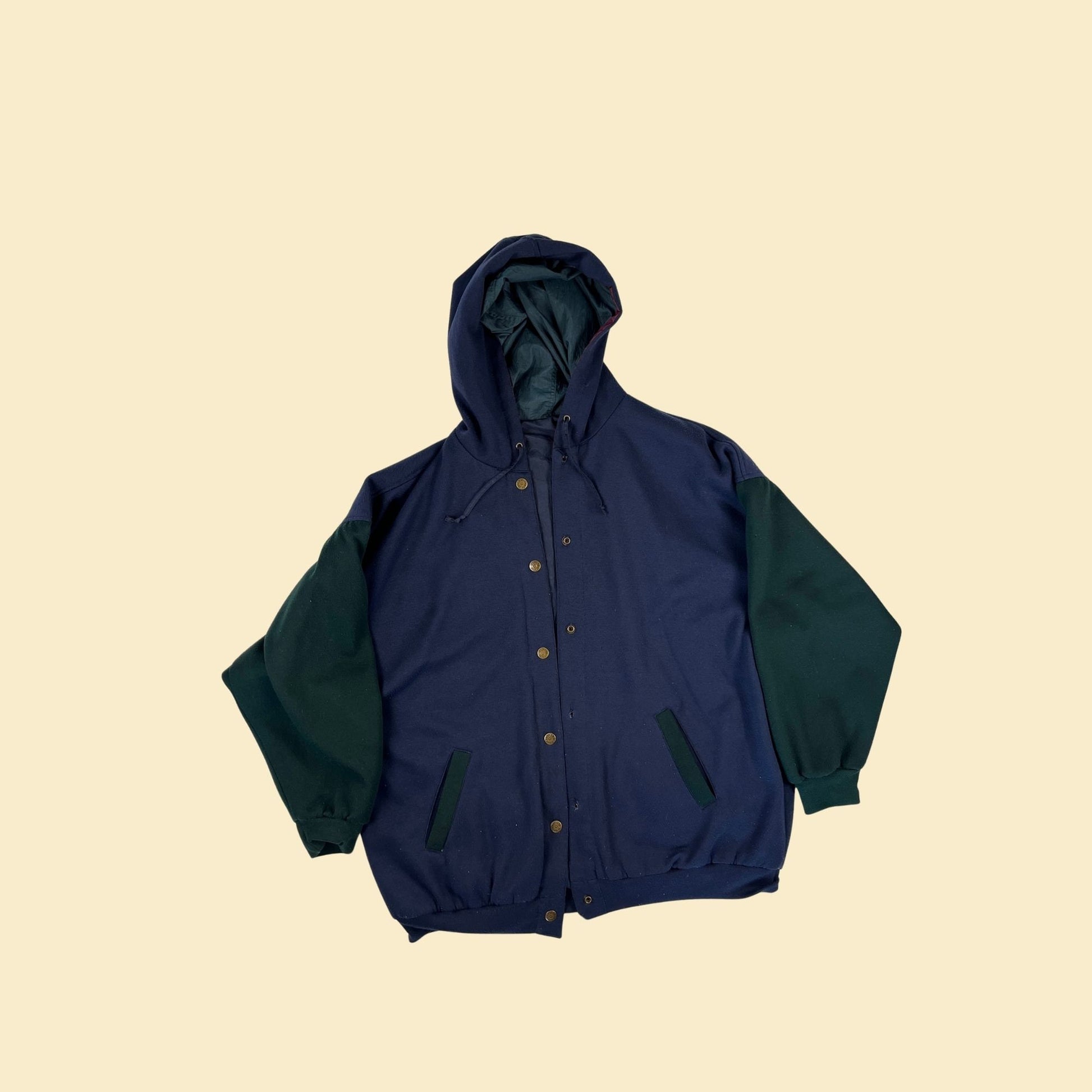 90s reversible windbreaker jacket by NYG, vintage 1990s colorblock burgundy, green & blue snap clasp jacket
