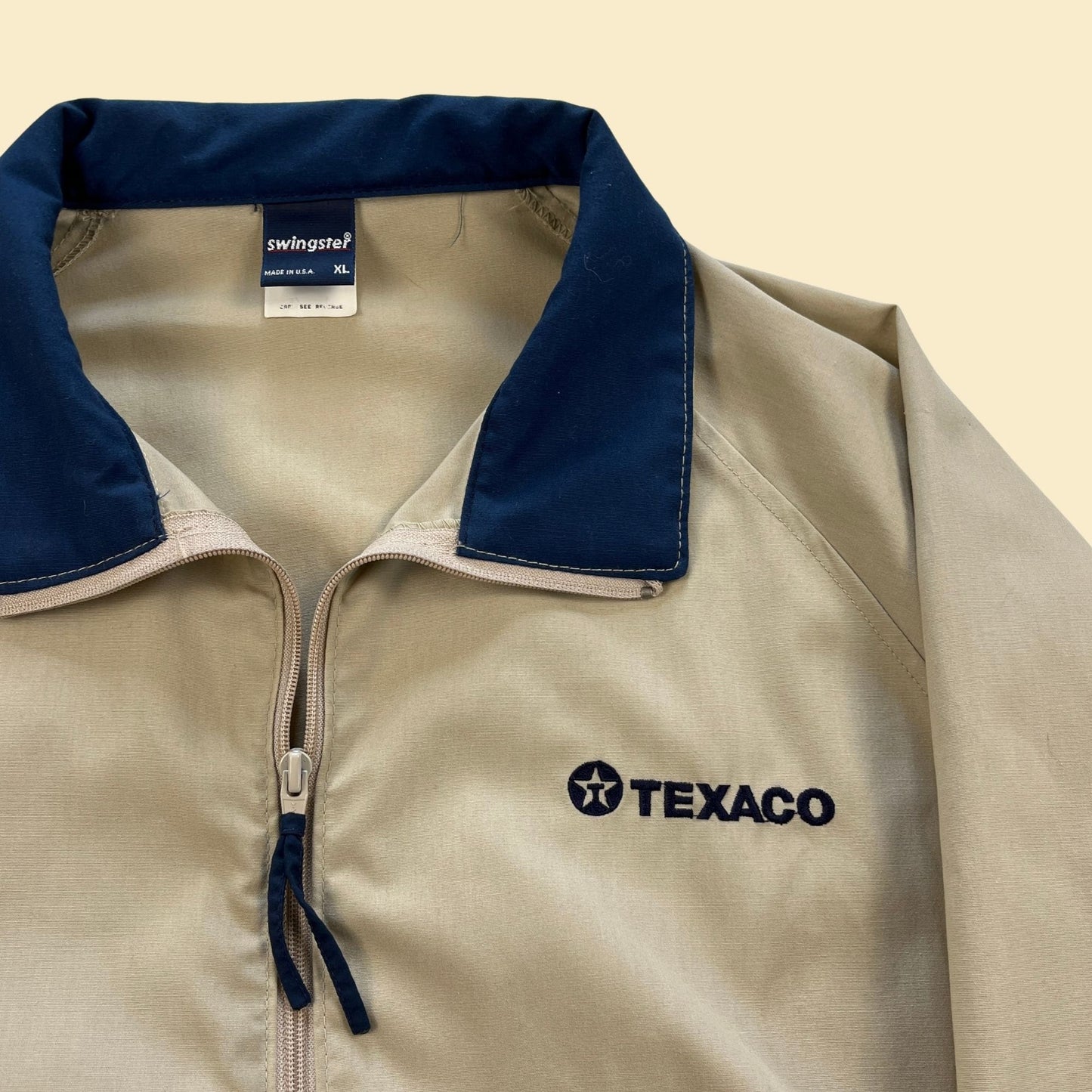 80s Texaco windbreaker jacket, XL vintage 1980s beige & blue oil and gas jacket