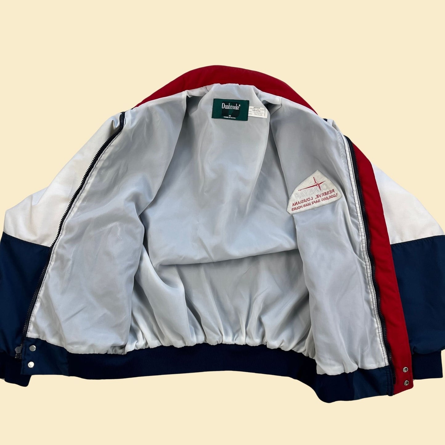 80s colorblock M windbreaker w/ Constar Reserve Louisiana patch, vintage 1980s red, white & blue Dunbrooke jacket