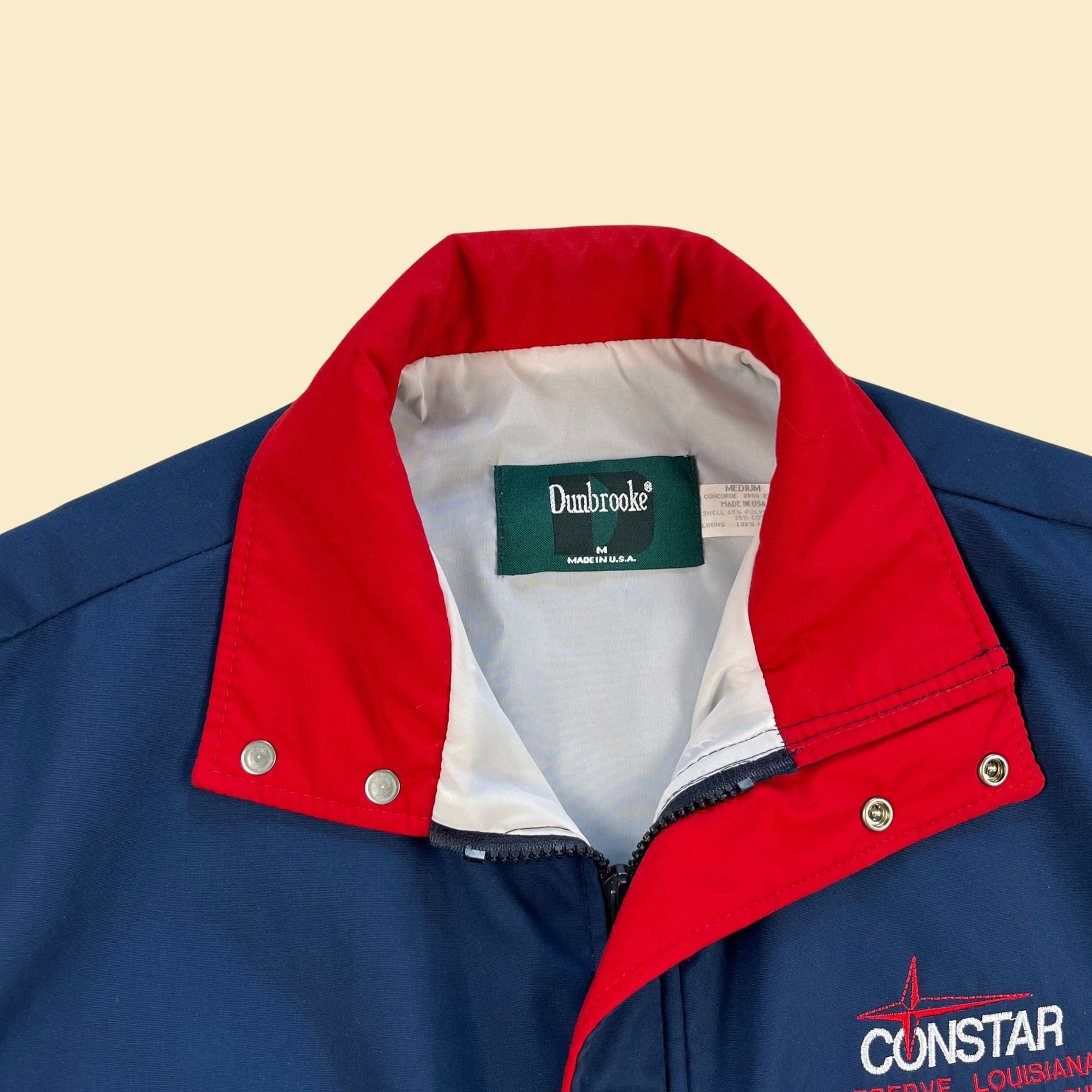 80s colorblock M windbreaker w/ Constar Reserve Louisiana patch, vintage 1980s red, white & blue Dunbrooke jacket