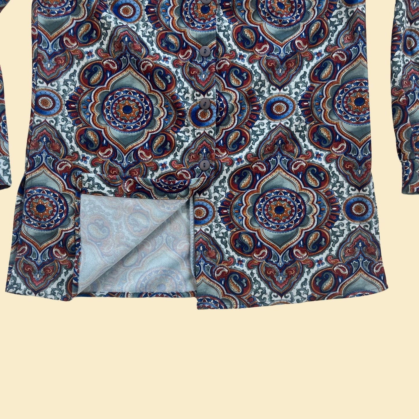 80s psychedelic blouse by David Paul, size M vintage blue & pink patterned button down long sleeve shirt