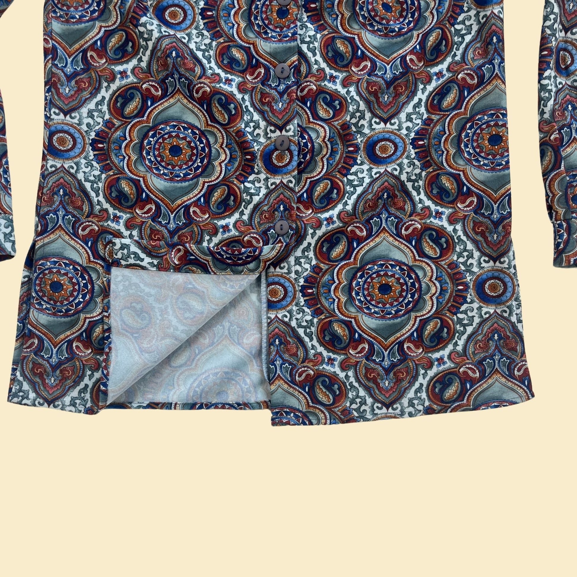 80s psychedelic blouse by David Paul, size M vintage blue & pink patterned button down long sleeve shirt