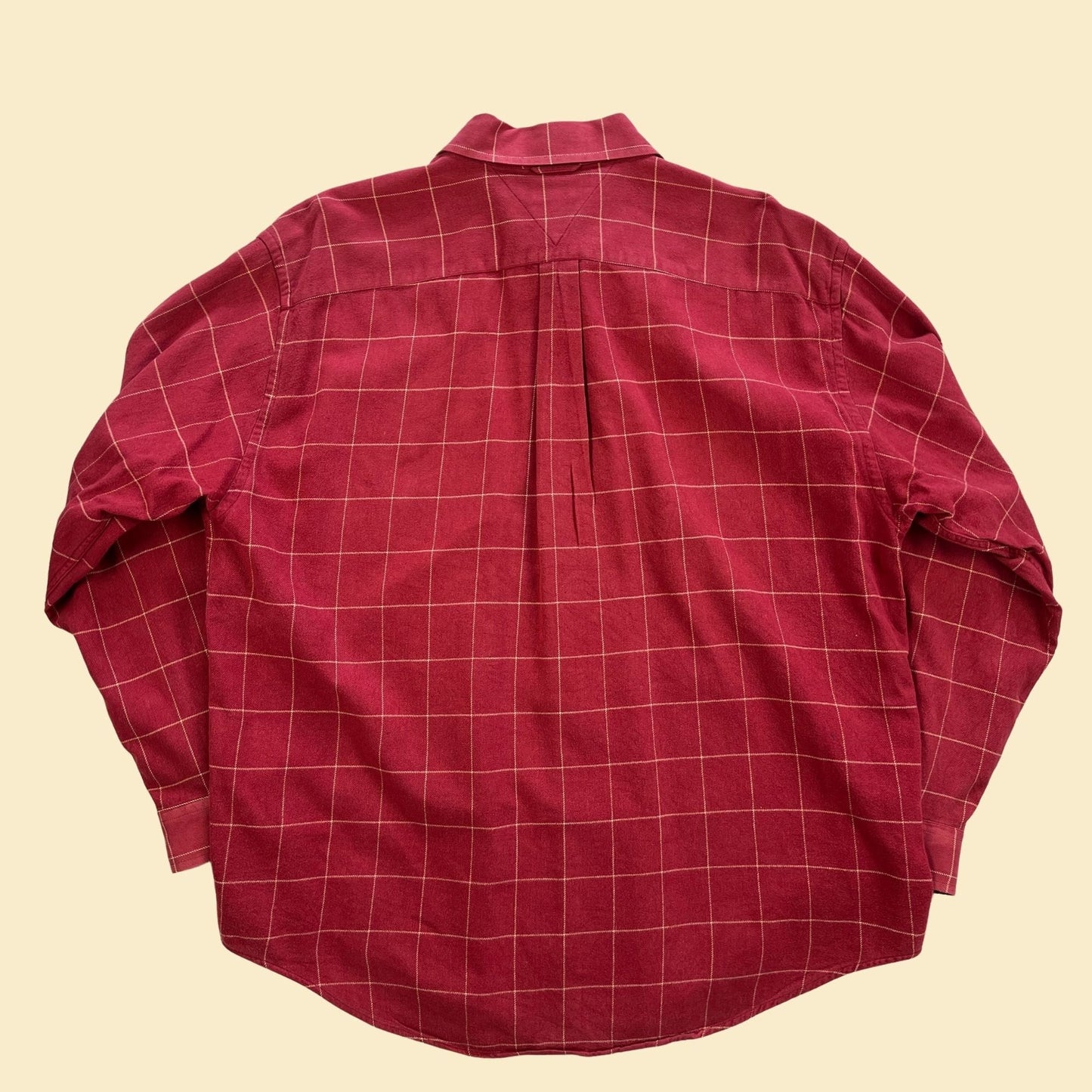 90s Tommy Hilfiger shirt in size XL, vintage 1990s red and beige geometric men's long sleeve button down